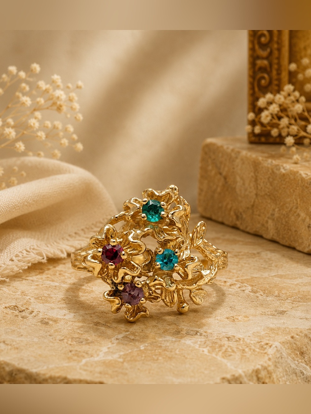 Vintage Gold plated Leaf Multi simulated Cluster Birthstone Size 7.75 retro Y2K